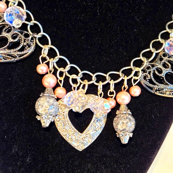 3/10$-Handmade Silver Hearts Necklace Faux Pink Pearl Accents Boho Statement NEW - Picture 4 of 5